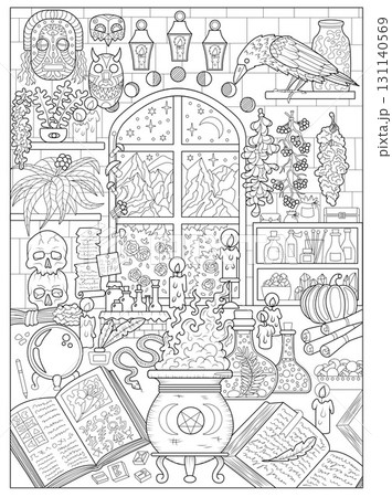 Hand drawn line art mystic illustration of Halloween witch table, window and shelves with magic ritual objects for adult coloring books, cards. Vector monochrome sketch artwork with high details. Hand drawn line art mystic illustration of Halloween witch table, window and shelves with magic ritual objects for adult coloring books, cards. Vector monochrome sketch artwork with high details. 131140569