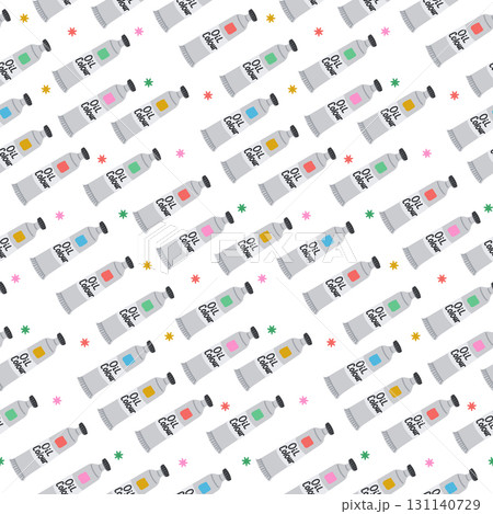 Seamless pattern with colorful oil paint tubes and small decorative stars in hand drawn vector style 131140729