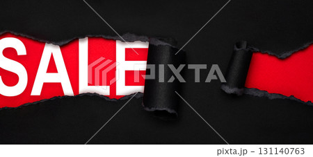 Sale torn paper panoramic banner with red reveal Sale torn paper panoramic banner with red reveal 131140763