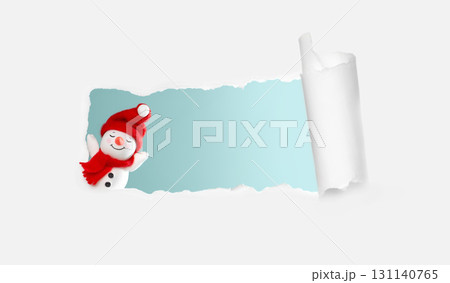 Torn paper banner with snowman and blue panel, copy space 131140765