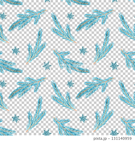 Minimalistic New Year watercolor hand-drawn winter seamless pattern with blue spruce branches on a white background for festive Christmas textile, fabric and packaging design 131140959