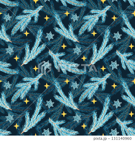 New Year's watercolor hand-drawn winter seamless pattern with blue spruce branches on a dark blue background for festive Christmas design of textiles, fabrics and packaging 131140960