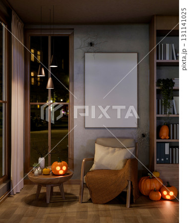 A chair under blank frame with spider web and carved jack-o-lantern pumpkin halloween props on floor 131141025