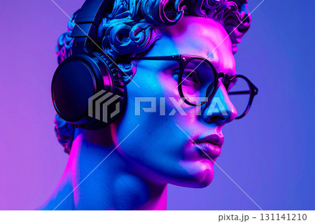 the head of a statue of a young man with glasses and headphones 131141210