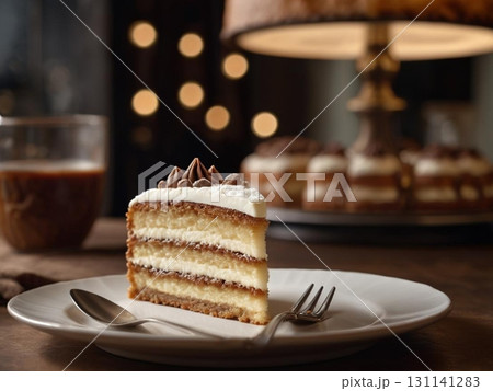 お皿に乗せられたホイップクリーム付きのマロンケーキ 131141283