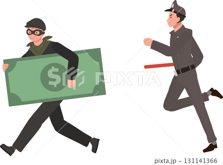 bank robbery cartoon illustration of burglar escaping with cash and policeman in pursuit bank robbery cartoon illustration of burglar escaping with cash and policeman in pursuit 131141366