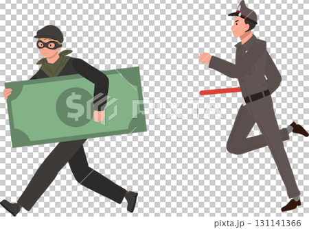 bank robbery cartoon illustration of burglar escaping with cash and policeman in pursuit bank robbery cartoon illustration of burglar escaping with cash and policeman in pursuit 131141366
