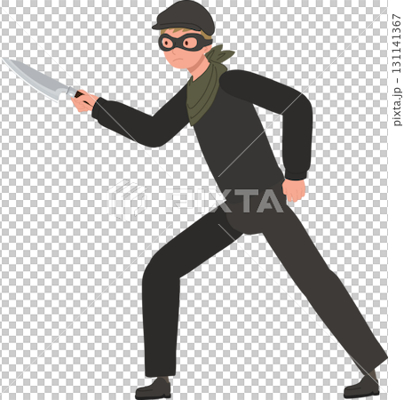 a robber thief in black clothing holding knife showing criminal a robber thief in black clothing holding knife showing criminal 131141367