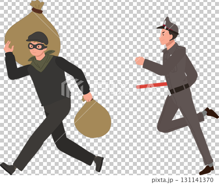 robbery criminal pursuit policeman chasing masked thief carrying stolen money 131141370