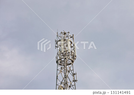 aerial view around of the telecommunication tower. tower antennas satellite transmits the signals aerial view around of the telecommunication tower. tower antennas satellite transmits the signals 131141491