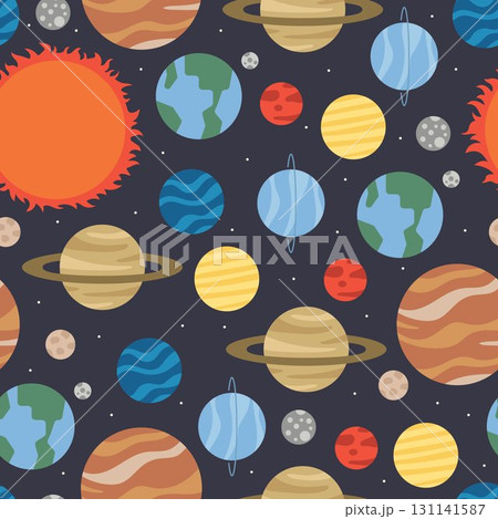 SOLAR SYSTEM seamless pattern background cute simple clean flat illustration vector decorative wallpaper universe outer space theme kiddy backdrop repeated tile 131141587