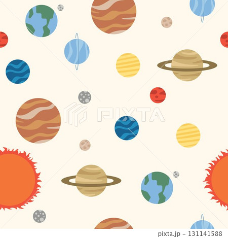 SOLAR SYSTEM seamless pattern background cute simple clean flat illustration vector decorative wallpaper universe outer space theme kiddy backdrop repeated tile 131141588