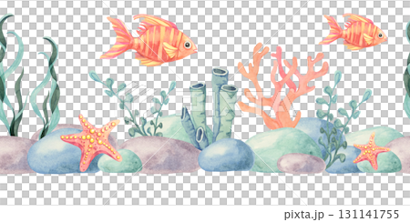 Golden fishes, starfish and orange corals with blue stones painted as hand drawn watercolor illustration seamless border. Perfect for marine fabric prints, eco packaging, cards, party decor and labels 131141755