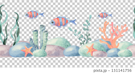 Blue and orange fishes swim above stones, seaweed and corals in this hand drawn watercolor clipart, seamless ocean border. Great for childrens books, textiles, packaging, stationery and posters. 131141756