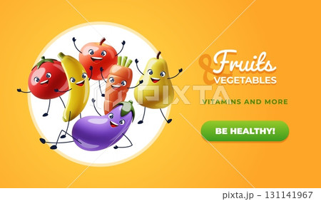 3d fruits vegetables poster. Funny organic food characters, juicy pear, apple, banana, carrot, fresh tomato, happy vitamins, render glossy fresh ingredients, classy vector concept 131141967