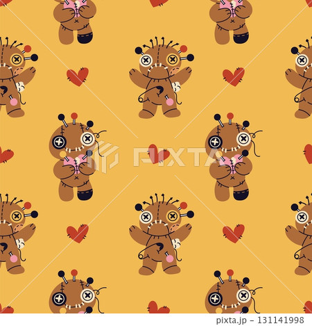 Cartoon voodoo dolls seamless pattern. Scary stitched patchwork toys, rag halloween characters, needles and pins. Textile, wrapping paper, wallpaper. Print for fabric garish vector background Cartoon voodoo dolls seamless pattern. Scary stitched patchwork toys, rag halloween characters, needles and pins. Textile, wrapping paper, wallpaper. Print for fabric garish vector background 131141998