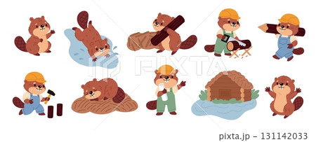 Cute beaver characters. Cartoon river animals, funny brown rodents, wildlife pond inhabitants, builders of natural dams, happy construction creature, carpenter with log, garish vector set 131142033