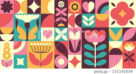 Geometric floral background. Colorful tiles with botanical blossom elements, blooming plants, flat decorative style, botanical mosaic, minimal plants, tidy vector cartoon isolated concept 131142039