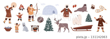 Inuit items. North people household elements, eskimos characters, ethnic group, alaska natives, winter animals, traditional homes and clothes, family with kids garish vector cartoon flat set 131142063