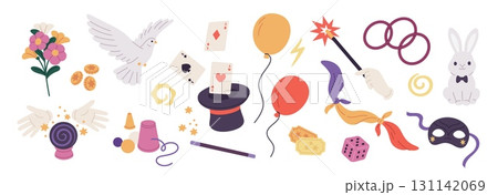 Magician accessories. Illusionist show equipment, performing magic tricks elements, mystery wizard items, top hat for illusion, rabbit and dove, cartoon flat isolated garish vector set Magician accessories. Illusionist show equipment, performing magic tricks elements, mystery wizard items, top hat for illusion, rabbit and dove, cartoon flat isolated garish vector set 131142069