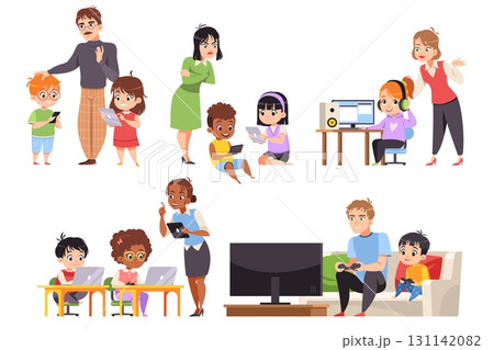 Parents with kids use gadgets. Parental control, children learning, entertainment, electronic devices, digital technology, boy plays on tablet, girl with computer, tidy vector cartoon flat style set 131142082