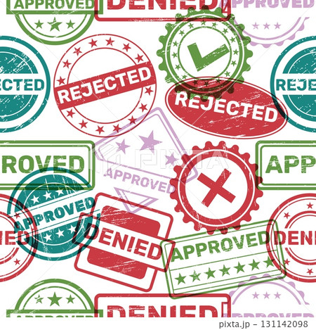 Stamps seamless pattern. Postal prints, rejected and approved imprints, grunge texture, international visa. Textile, wrapping paper, wallpaper. Print for fabric qualitative vector background 131142098