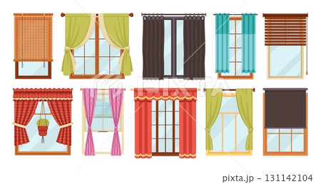 Windows with curtains. Different shapes interior drapery, home textile decor, apartment blackout elements, fabric design, hanging elegant blinds or jalousie tidy vector cartoon isolated set 131142104