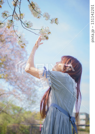 満開の桜バックに中年女性ポートレート 131142201
