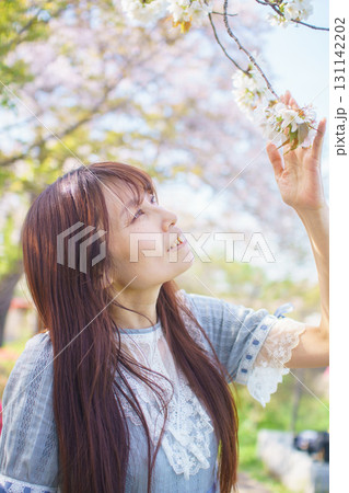 満開の桜バックに中年女性ポートレート 満開の桜バックに中年女性ポートレート 131142202