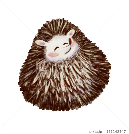 Funny long-eared hedgehog curled up in a ball,quietly dozing with a smile in its eyes.Hand-drawn character illustration in watercolor and colored pencils,created in a childlike cartoon style Funny long-eared hedgehog curled up in a ball,quietly dozing with a smile in its eyes.Hand-drawn character illustration in watercolor and colored pencils,created in a childlike cartoon style 131142347