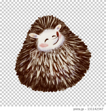 Funny long-eared hedgehog curled up in a ball,quietly dozing with a smile in its eyes.Hand-drawn character illustration in watercolor and colored pencils,created in a childlike cartoon style Funny long-eared hedgehog curled up in a ball,quietly dozing with a smile in its eyes.Hand-drawn character illustration in watercolor and colored pencils,created in a childlike cartoon style 131142347