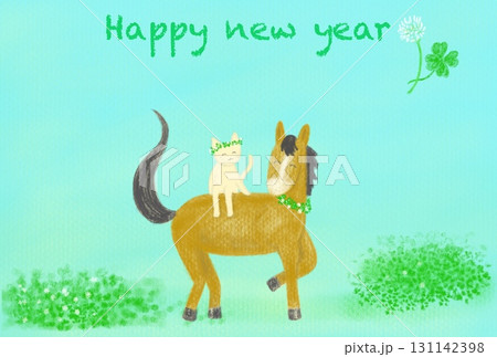 白猫を乗せたうまどし年賀状、英語賀詞 白猫を乗せたうまどし年賀状、英語賀詞 131142398
