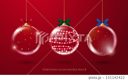Christmas glass bauble balls, realistic on red background. glass globe stands for Christmas and New Year winter holiday, crystal baubles decoration with snow snowflakes. vector design. Christmas glass bauble balls, realistic on red background. glass globe stands for Christmas and New Year winter holiday, crystal baubles decoration with snow snowflakes. vector design. 131142422