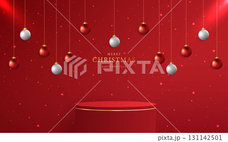 Podium shape for show cosmetic product display for christmas day or new years. Stand product showcase on red background with lighting christmas. vector design. Podium shape for show cosmetic product display for christmas day or new years. Stand product showcase on red background with lighting christmas. vector design. 131142501