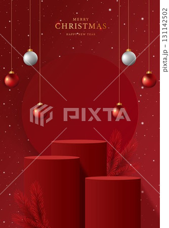 Podium shape for show cosmetic product display for christmas day or new years. Stand product showcase on red background with lighting christmas. vector design. Podium shape for show cosmetic product display for christmas day or new years. Stand product showcase on red background with lighting christmas. vector design. 131142502