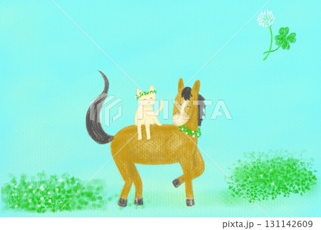 白猫を乗せてクローバーが咲く野原を歩くうまどし年賀状 白猫を乗せてクローバーが咲く野原を歩くうまどし年賀状 131142609