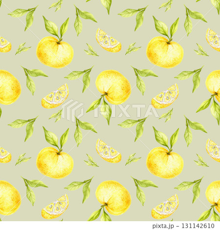 Yellow yuzu fruits with slices and leaves form a repeating seamless pattern, watercolor illustration, hand drawn. Perfect for fabric, stationery, recipe cards, wrapping and food product design. 131142610