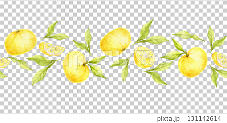 Cluster of golden yuzu citrus fruits with leaves forming a horizontal border, watercolor illustration, hand drawn clipart. Perfect for stationery, banners, kitchen design and food product labels. Cluster of golden yuzu citrus fruits with leaves forming a horizontal border, watercolor illustration, hand drawn clipart. Perfect for stationery, banners, kitchen design and food product labels. 131142614