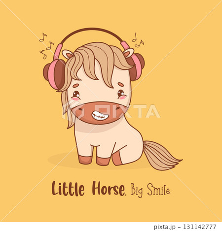 Happy Little Horse in Headphones Listening to Music. Cute Adorable Pony Kawaii Animal. Vector illustration. Card with Cool slogan. Kids collection. Not AI 131142777