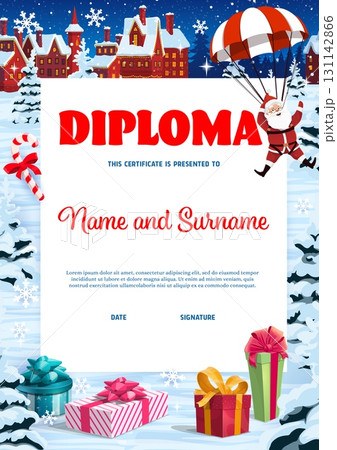 Christmas kids diploma vector template with cartoon Santa Claus parachuting. Winter snowy town houses, Xmas holiday gifts on snow and candy cane background frame of Christmas kids diploma certificate 131142866