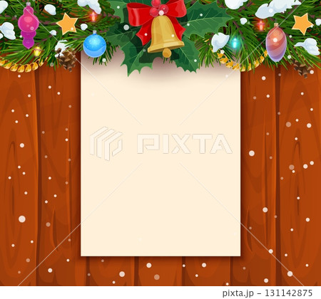 Christmas holiday paper on wooden background with snow, Xmas tree branches, ornaments, bell and festive decor, vector winter holiday. Christmas tree garland and empty sign board, Xmas greeting card Christmas holiday paper on wooden background with snow, Xmas tree branches, ornaments, bell and festive decor, vector winter holiday. Christmas tree garland and empty sign board, Xmas greeting card 131142875