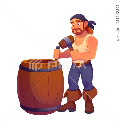 Cooper pirate ship crew character, cartoon cheerful corsair pops out of a wooden barrel, holding a mallet and tap. Vector barrel maker personage working hard, wearing a singlet and sailor bandana 131142891