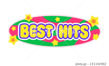 Best hits Y2K groovy sticker or hippie label. Funny 80s Y2K vector sticker, vintage cute cartoon label. Hippie positive funky tag or retro 60s groovy patch with colorful typography Best hits Y2K groovy sticker or hippie label. Funny 80s Y2K vector sticker, vintage cute cartoon label. Hippie positive funky tag or retro 60s groovy patch with colorful typography 131142902