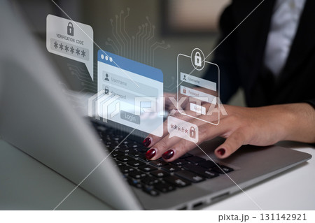 Data protection and online privacy showing secure login process with futuristic digital interface 131142921