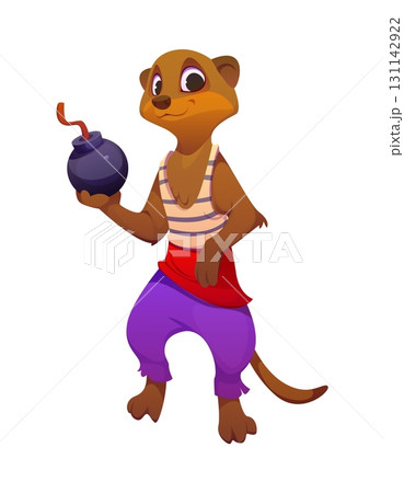 Cartoon meerkat animal pirate character. Isolated vector playful corsair personage wearing striped shirt and purple pants, holding a round bomb with a lit fuse, expressing boldness and sea adventure 131142922