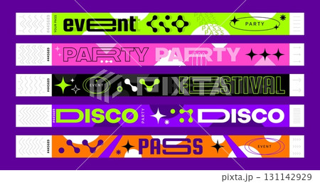 Event bracelet mockups, music festival and concert ticket wristbands. Vector paper hand bands of disco party night club pass, event entrance admission tickets and VIP access bracelets with y2k shapes Event bracelet mockups, music festival and concert ticket wristbands. Vector paper hand bands of disco party night club pass, event entrance admission tickets and VIP access bracelets with y2k shapes 131142929