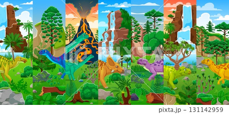 Prehistoric dinosaurs characters collage with volcano and waterfall nature landscape vector background. Cartoon jurassic dinosaur animals in prehistoric jungle forest, extinct dino reptiles characters 131142959