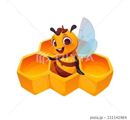 Cartoon cute honey bee character sitting in hexagonal honeycombs. Vector cute apiary insect personage with smiling face and transparent wings, surrounded by yellow honey cells. Funny beekeeping mascot 131142964