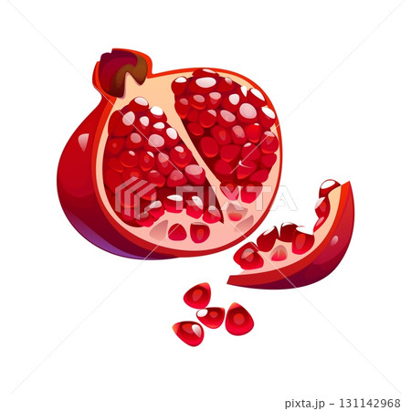 Cartoon sliced pomegranate with exposed juicy red seeds and separated wedge, showcasing its rich texture and ripeness. Isolated vector tropical fruit, emphasizing healthy food and cooking process 131142968