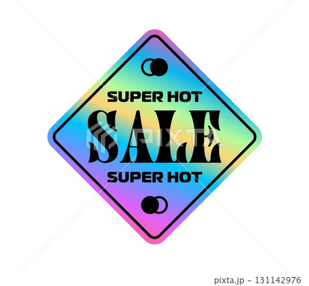 Super hot sale hologram vintage Y2K sticker or tag. Gradient chrome foil shop sale offer 60s Y2K label, glossy holographic rhombus store sale vector tag. Reflective iridescent price off sticker 131142976